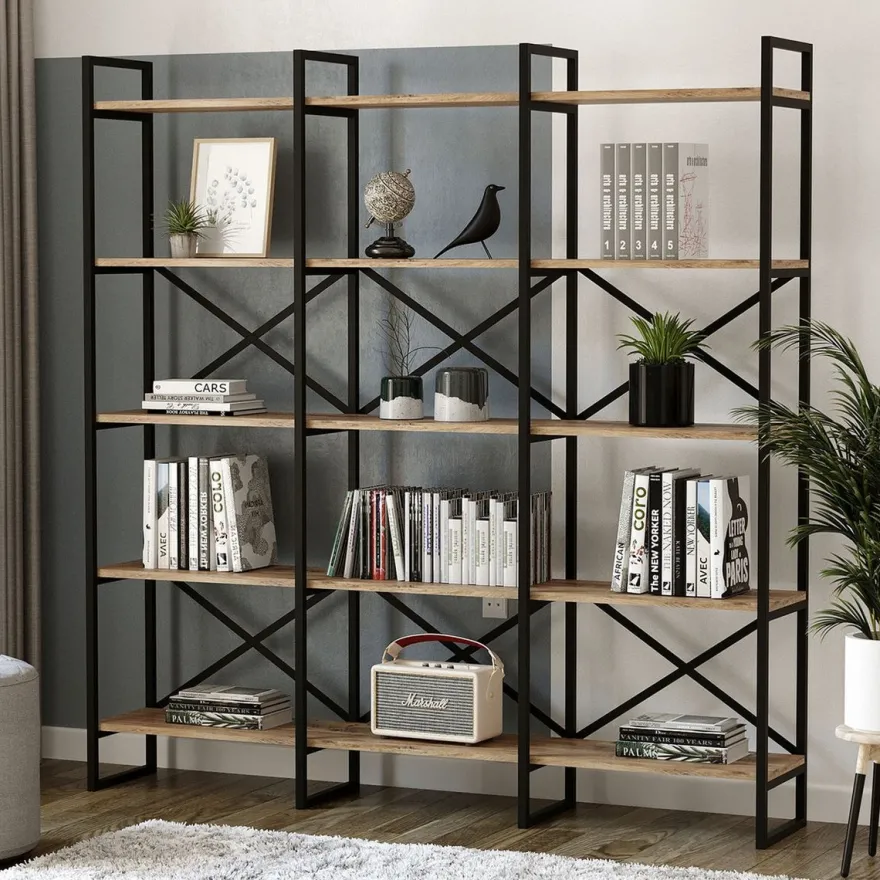 Casa Padrino Luxus Regalschrank mit Massivholz Regalen Schwarz / Naturfarben 170 x 30 x H. 175 cm - Bücherschrank - Wohnzimmer Schrank - Büro Schrank - Wohnzimmer Möbel - Büro Möbel - Luxus Möbel