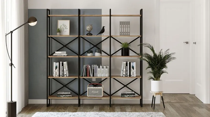 Casa Padrino Luxus Regalschrank mit Massivholz Regalen Schwarz / Naturfarben 170 x 30 x H. 175 cm - Bücherschrank - Wohnzimmer Schrank - Büro Schrank - Wohnzimmer Möbel - Büro Möbel - Luxus Möbel