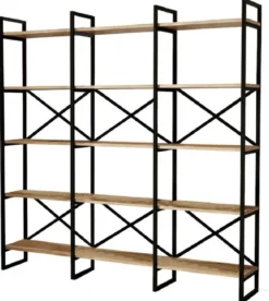 Casa Padrino Luxus Regalschrank mit Massivholz Regalen Schwarz / Naturfarben 170 x 30 x H. 175 cm - Bücherschrank - Wohnzimmer Schrank - Büro Schrank - Wohnzimmer Möbel - Büro Möbel - Luxus Möbel
