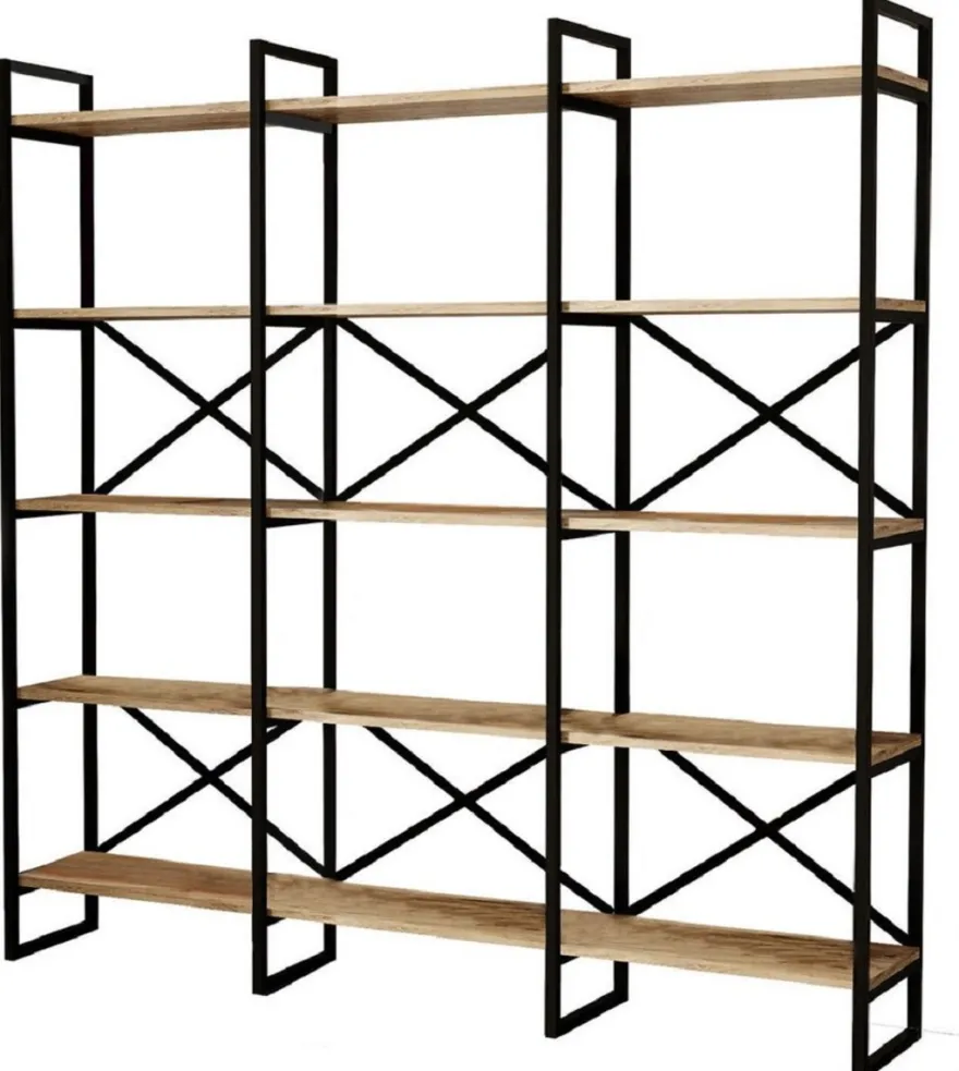 Casa Padrino Luxus Regalschrank mit Massivholz Regalen Schwarz / Naturfarben 170 x 30 x H. 175 cm - Bücherschrank - Wohnzimmer Schrank - Büro Schrank - Wohnzimmer Möbel - Büro Möbel - Luxus Möbel