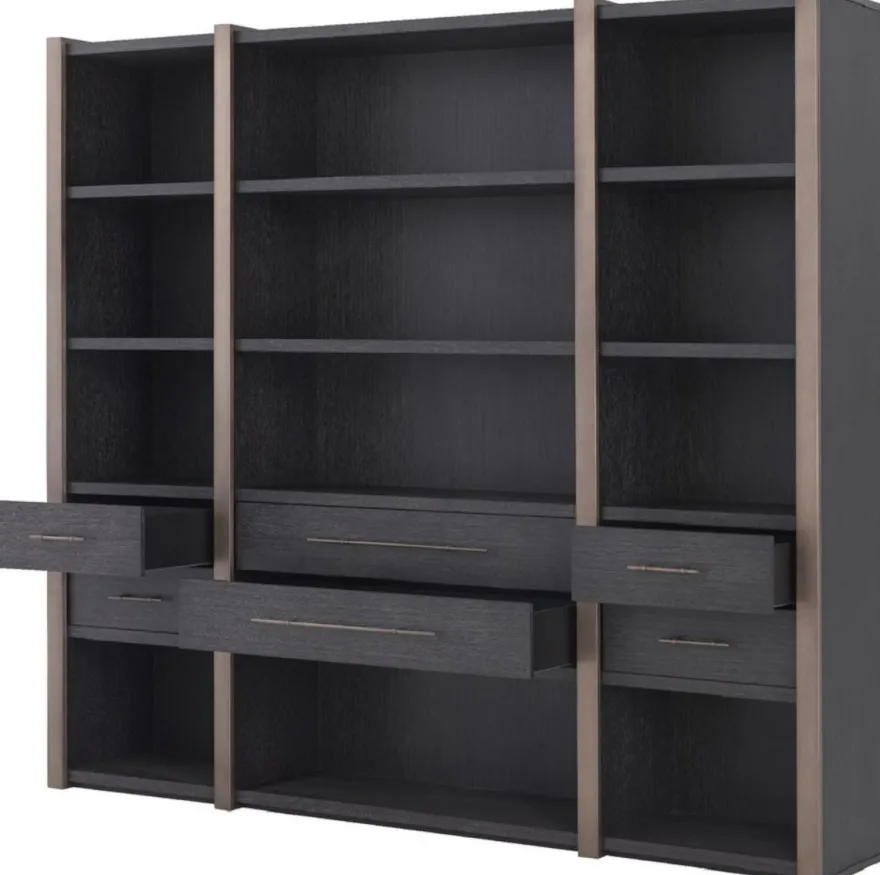 Casa Padrino Luxus Regalschrank mit 6 Schubladen Anthrazitgrau / Bronzefarben 253 x 47 x H. 229 cm - Bücherschrank - Wohnzimmerschrank - Büroschrank - Luxus Schrank