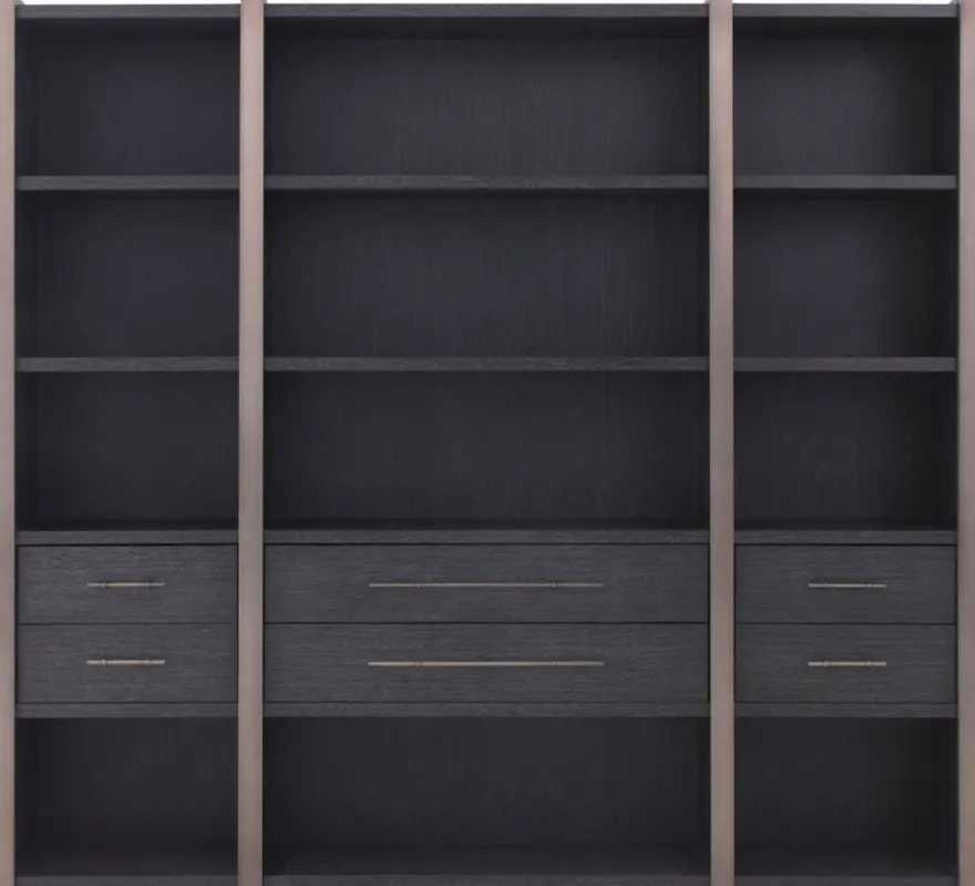Casa Padrino Luxus Regalschrank mit 6 Schubladen Anthrazitgrau / Bronzefarben 253 x 47 x H. 229 cm - Bücherschrank - Wohnzimmerschrank - Büroschrank - Luxus Schrank