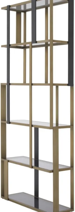 Casa Padrino Luxus Regalschrank Messing / Mattschwarz / Grau 100 x 37 x H. 240,5 cm - Edelstahl Schrank mit 5 Glasregalen - Wohnzimmerschrank - Büroschrank - Luxus Möbel