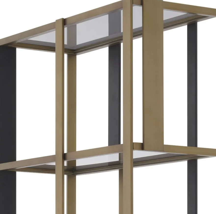 Casa Padrino Luxus Regalschrank Messing / Mattschwarz / Grau 100 x 37 x H. 240,5 cm - Edelstahl Schrank mit 5 Glasregalen - Wohnzimmerschrank - Büroschrank - Luxus Möbel