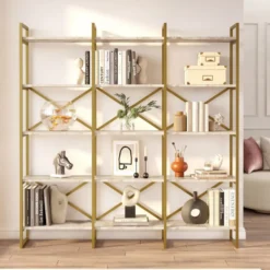Casa Padrino Luxus Regalschrank mit Marmor Regalen Gold / Weiß 170 x 30 x H. 175 cm - Bücherschrank - Wohnzimmer Schrank - Büro Schrank - Wohnzimmer Möbel - Büro Möbel - Luxus Möbel