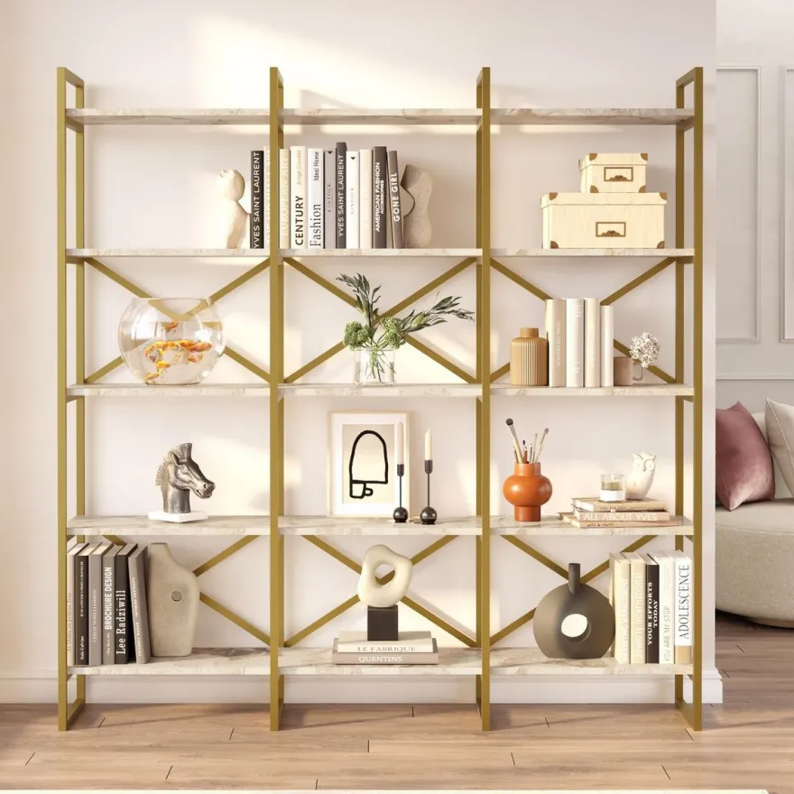 Casa Padrino Luxus Regalschrank mit Marmor Regalen Gold / Weiß 170 x 30 x H. 175 cm - Bücherschrank - Wohnzimmer Schrank - Büro Schrank - Wohnzimmer Möbel - Büro Möbel - Luxus Möbel