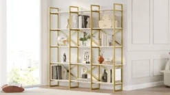 Casa Padrino Luxus Regalschrank mit Marmor Regalen Gold / Weiß 170 x 30 x H. 175 cm - Bücherschrank - Wohnzimmer Schrank - Büro Schrank - Wohnzimmer Möbel - Büro Möbel - Luxus Möbel