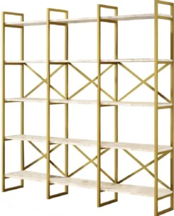 Casa Padrino Luxus Regalschrank mit Marmor Regalen Gold / Weiß 170 x 30 x H. 175 cm - Bücherschrank - Wohnzimmer Schrank - Büro Schrank - Wohnzimmer Möbel - Büro Möbel - Luxus Möbel