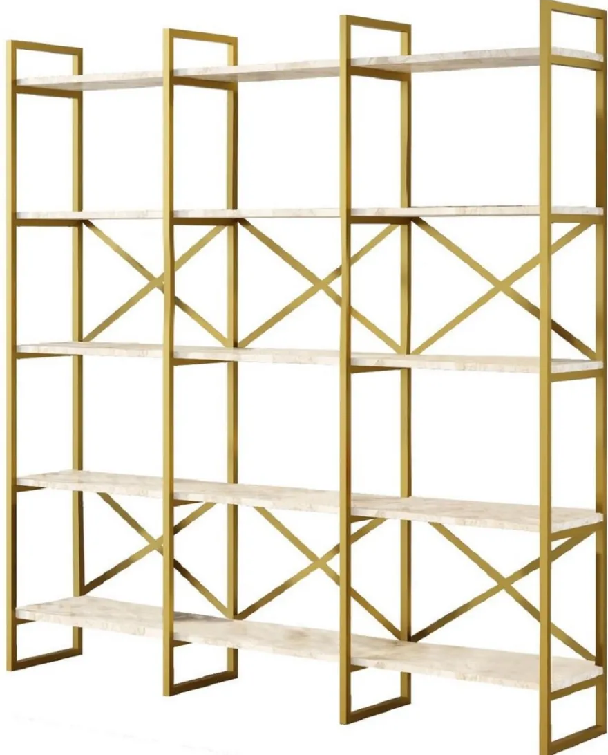Casa Padrino Luxus Regalschrank mit Marmor Regalen Gold / Weiß 170 x 30 x H. 175 cm - Bücherschrank - Wohnzimmer Schrank - Büro Schrank - Wohnzimmer Möbel - Büro Möbel - Luxus Möbel