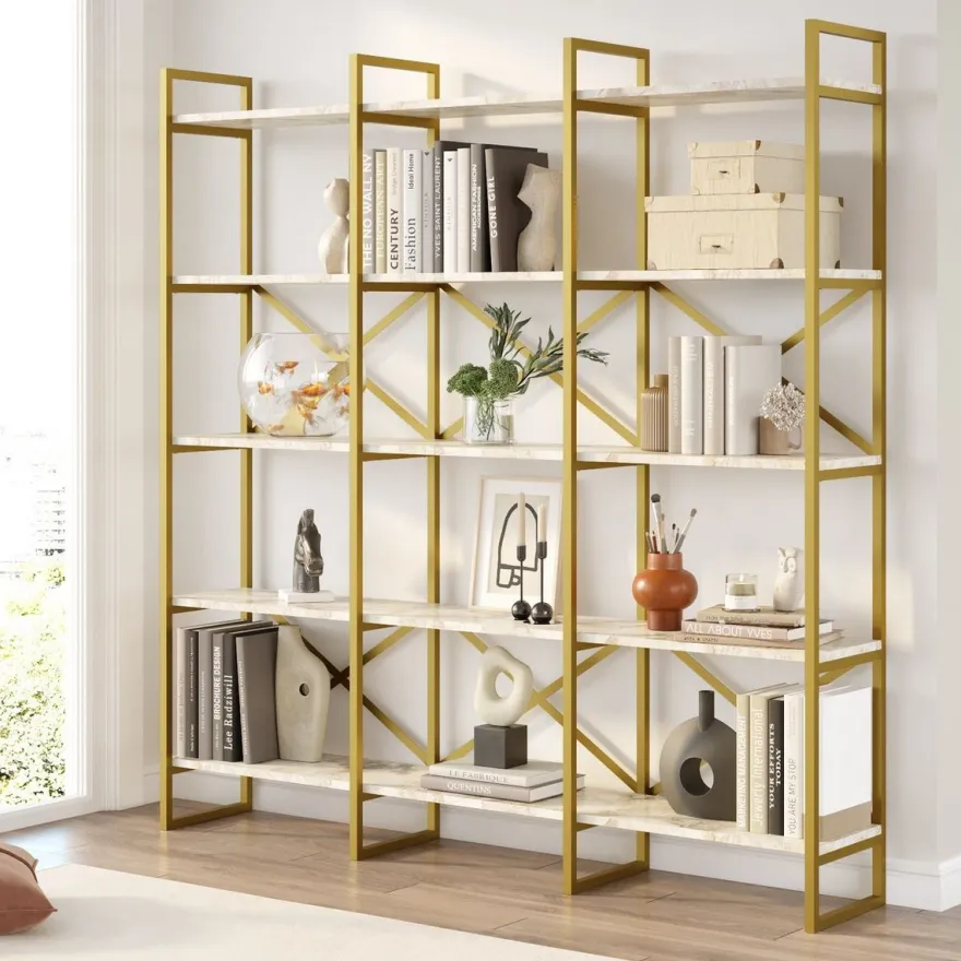 Casa Padrino Luxus Regalschrank mit Marmor Regalen Gold / Weiß 170 x 30 x H. 175 cm - Bücherschrank - Wohnzimmer Schrank - Büro Schrank - Wohnzimmer Möbel - Büro Möbel - Luxus Möbel