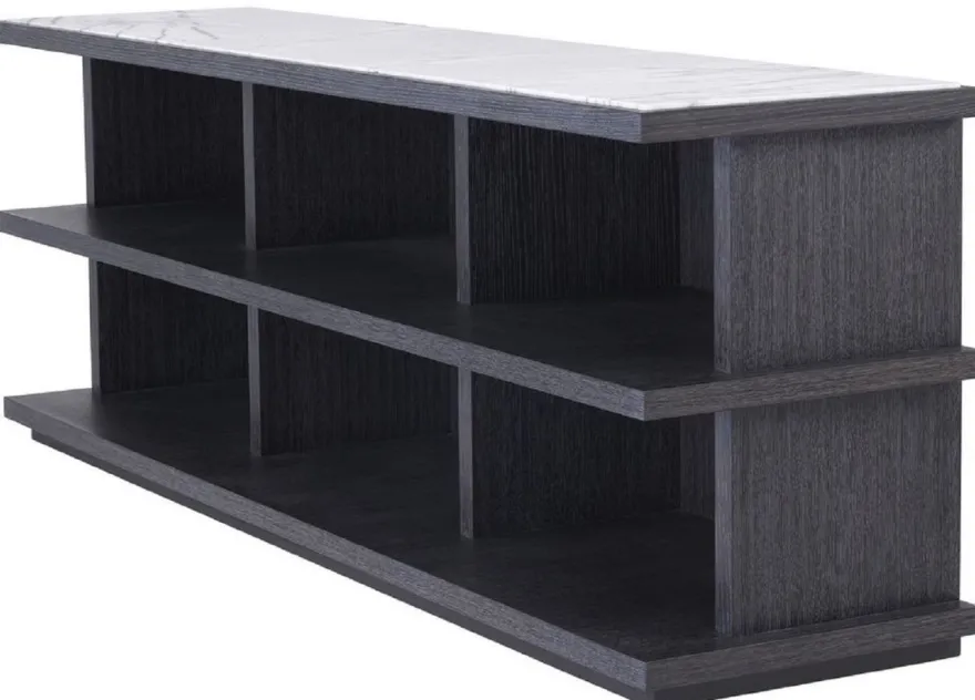 Casa Padrino Luxus Regalschrank Anthrazitgrau / Weiß / Fliederfarben 220 x 55 x H. 80 cm - Edler Massivholz Schrank mit 3 Regalen und Marmorplatten - Luxus Wohnzimmer Möbel