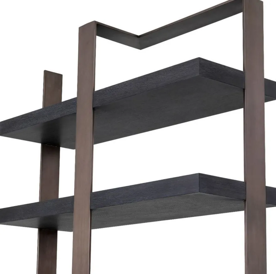 Casa Padrino Luxus Regalschrank Schwarz / Bronze 120,5 x 40 x H. 230 cm - Eichenfurnier Schrank mit Edelstahlrahmen - Bücherschrank - Luxus Wohnzimmer Möbel