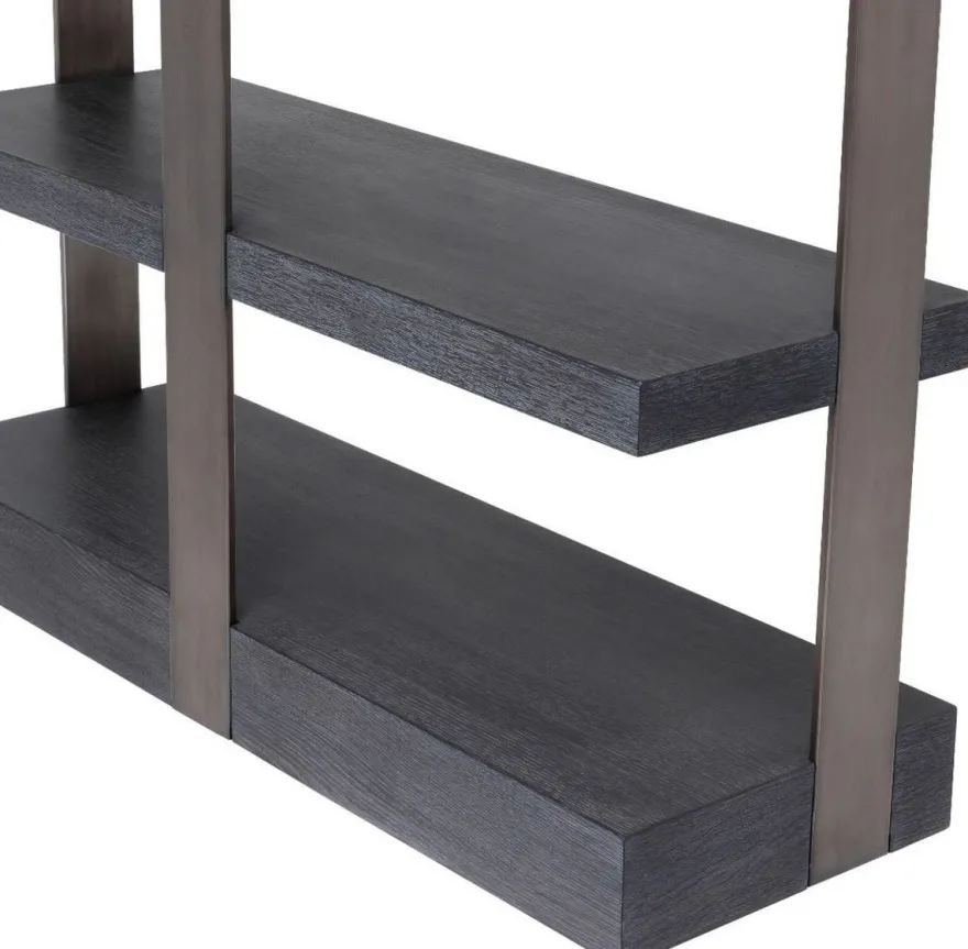 Casa Padrino Luxus Regalschrank Schwarz / Bronze 120,5 x 40 x H. 230 cm - Eichenfurnier Schrank mit Edelstahlrahmen - Bücherschrank - Luxus Wohnzimmer Möbel