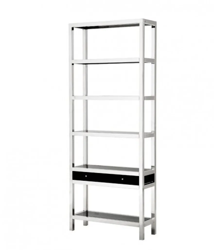 Casa Padrino Luxus Regal Schrank mit Rauchglas und einer Schublade, polierter Stahl, 90 x 32 x H. 226 cm