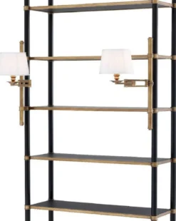 Casa Padrino Luxus Regalschrank mit 2 schwenkbaren Leuchten Vintage Messing / Schwarz 105 x 44 x H. 250 cm - Bücherschrank - Wohnzimmerschrank - Büroschrank - Luxus Möbel