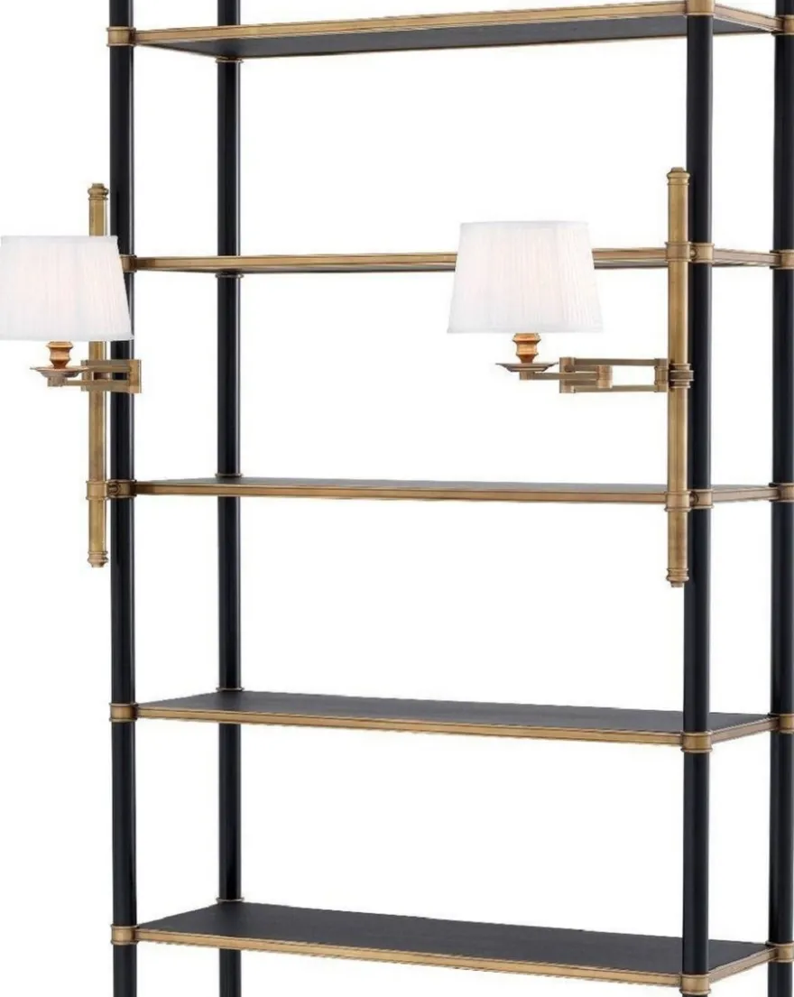 Casa Padrino Luxus Regalschrank mit 2 schwenkbaren Leuchten Vintage Messing / Schwarz 105 x 44 x H. 250 cm - Bücherschrank - Wohnzimmerschrank - Büroschrank - Luxus Möbel
