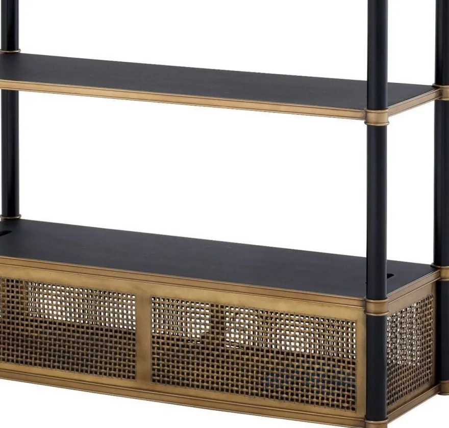 Casa Padrino Luxus Regalschrank mit 2 schwenkbaren Leuchten Vintage Messing / Schwarz 105 x 44 x H. 250 cm - Bücherschrank - Wohnzimmerschrank - Büroschrank - Luxus Möbel