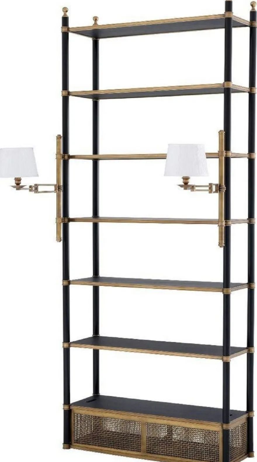 Casa Padrino Luxus Regalschrank mit 2 schwenkbaren Leuchten Vintage Messing / Schwarz 105 x 44 x H. 250 cm - Bücherschrank - Wohnzimmerschrank - Büroschrank - Luxus Möbel