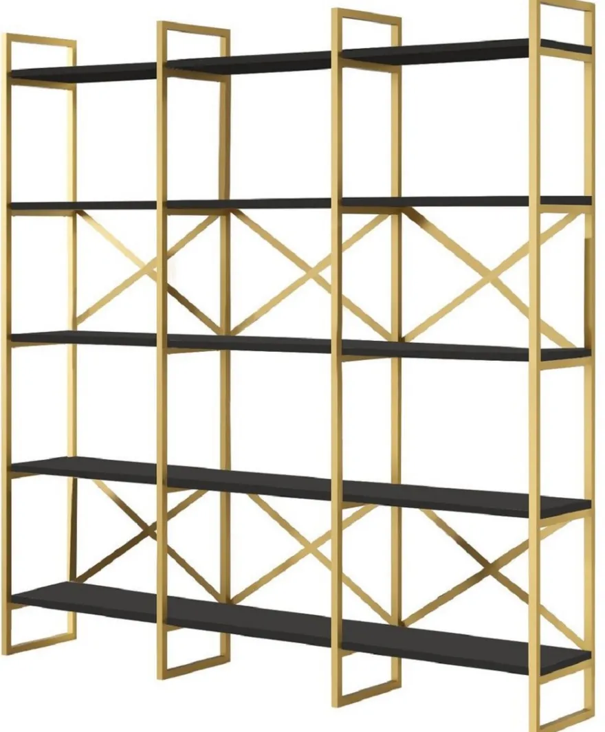 Casa Padrino Luxus Regalschrank mit Massivholz Regalen Gold / Schwarz 170 x 30 x H. 175 cm - Bücherschrank - Wohnzimmer Schrank - Büro Schrank - Wohnzimmer Möbel - Büro Möbel - Luxus Möbel