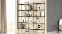 Casa Padrino Luxus Regalschrank mit Massivholz Regalen Gold / Schwarz 170 x 30 x H. 175 cm - Bücherschrank - Wohnzimmer Schrank - Büro Schrank - Wohnzimmer Möbel - Büro Möbel - Luxus Möbel