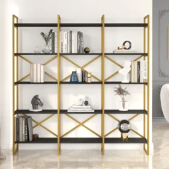 Casa Padrino Luxus Regalschrank mit Massivholz Regalen Gold / Schwarz 170 x 30 x H. 175 cm - Bücherschrank - Wohnzimmer Schrank - Büro Schrank - Wohnzimmer Möbel - Büro Möbel - Luxus Möbel