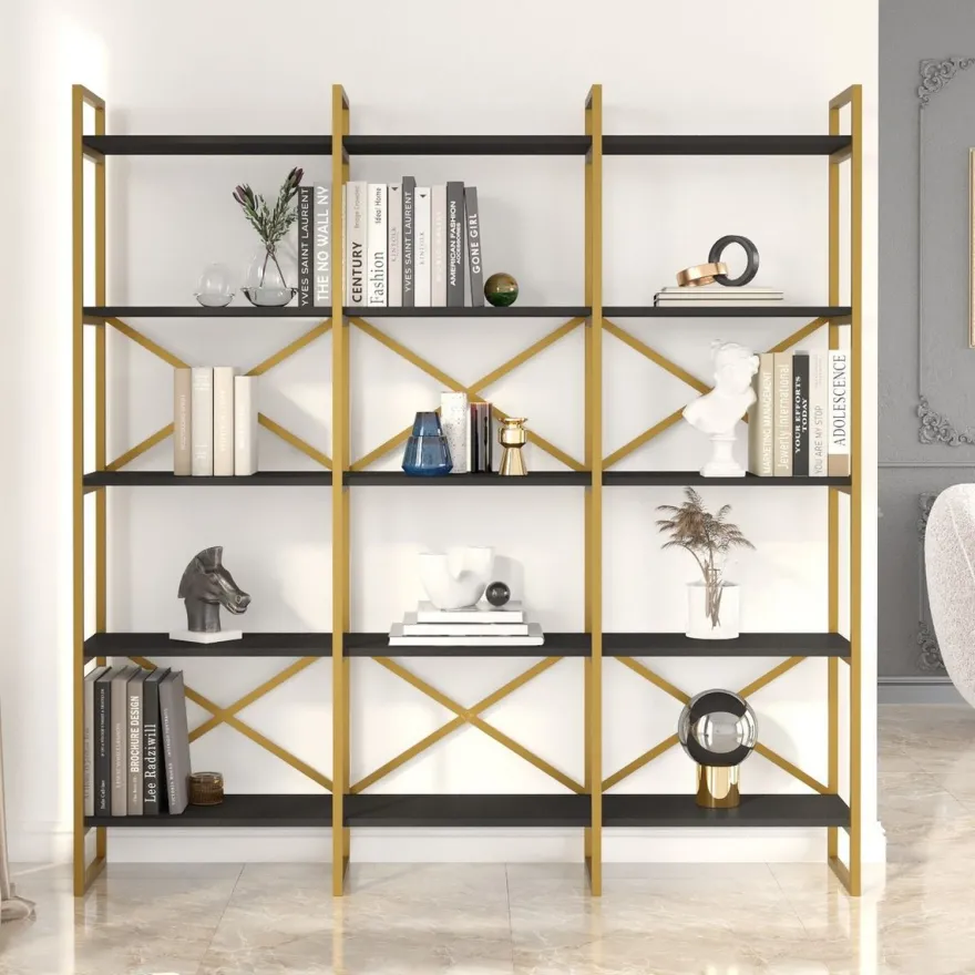 Casa Padrino Luxus Regalschrank mit Massivholz Regalen Gold / Schwarz 170 x 30 x H. 175 cm - Bücherschrank - Wohnzimmer Schrank - Büro Schrank - Wohnzimmer Möbel - Büro Möbel - Luxus Möbel