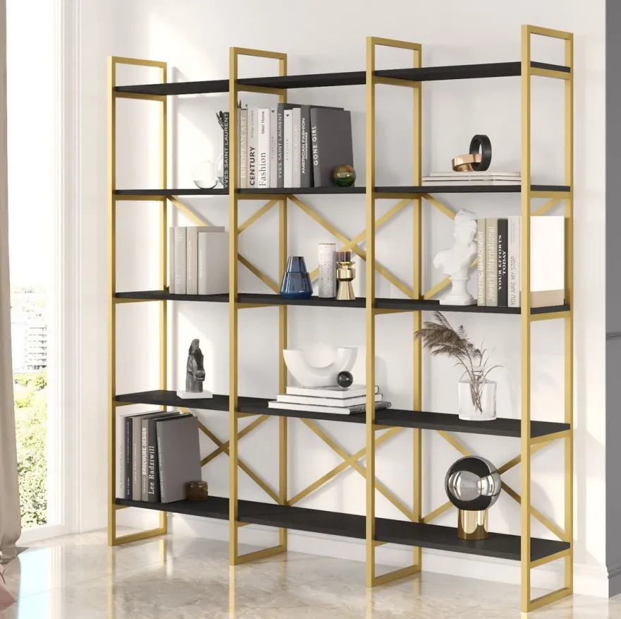 Casa Padrino Luxus Regalschrank mit Massivholz Regalen Gold / Schwarz 170 x 30 x H. 175 cm - Bücherschrank - Wohnzimmer Schrank - Büro Schrank - Wohnzimmer Möbel - Büro Möbel - Luxus Möbel