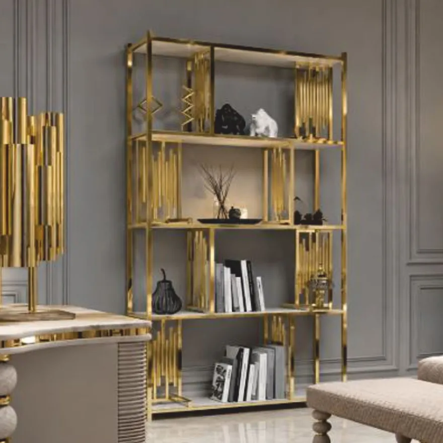 Casa Padrino Luxus Regalschrank Gold / Weiß 120 x H. 252 cm - Hotel Möbel - Wohnzimmer Möbel - Luxus Möbel