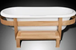 Casa Padrino Luxus Retro Badewanne Weiß / Naturfarben 178 x 76 x H. 73 cm - Freistehende Badewanne mit Holzrahmen und Stufe - Retro Badezimmer Möbel
