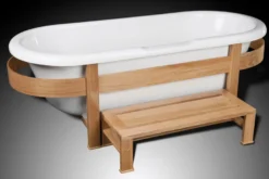 Casa Padrino Luxus Retro Badewanne Weiß / Naturfarben 178 x 76 x H. 73 cm - Freistehende Badewanne mit Holzrahmen und Stufe - Retro Badezimmer Möbel
