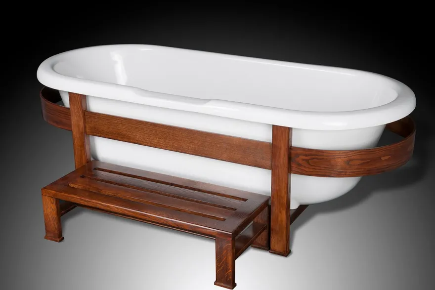 Casa Padrino Luxus Retro Badewanne Weiß / Dunkelbraun 178 x 76 x H. 73 cm - Freistehende Badewanne mit Holzrahmen und Stufe - Retro Badezimmer Möbel