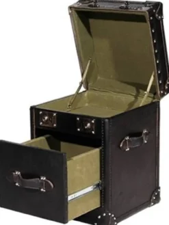 Casa Padrino Luxus Rindsleder Beistelltisch mit Deckel und Schublade Schwarz 47 x 45 x H. 57 cm - Handgefertigter Lampentisch im Kofferlook