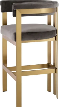 Casa Padrino Luxus Samt Barstuhl mit Armlehnen Grau / Messing 56 x 56 x H. 104 cm - Gepolsterter Barhocker - Bar Möbel - Luxus Möbel - Luxus Qualität