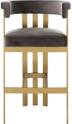 Casa Padrino Luxus Samt Barstuhl mit Armlehnen Grau / Messing 56 x 56 x H. 104 cm - Gepolsterter Barhocker - Bar Möbel - Luxus Möbel - Luxus Qualität