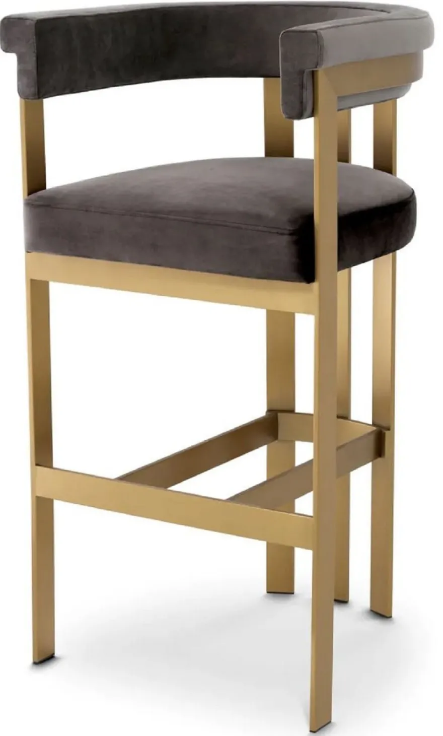 Casa Padrino Luxus Samt Barstuhl mit Armlehnen Grau / Messing 56 x 56 x H. 104 cm - Gepolsterter Barhocker - Bar Möbel - Luxus Möbel - Luxus Qualität