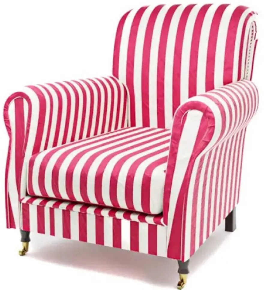 Casa Padrino Luxus Samt Sessel mit Streifen Rot / Weiß / Schwarz / Messing 82 x 91 x H. 94 cm - Wohnzimmer Sessel - Hotel Sessel - Wohnzimmer Möbel - Hotel Möbel - Luxus Möbel - Luxus Einrichtung