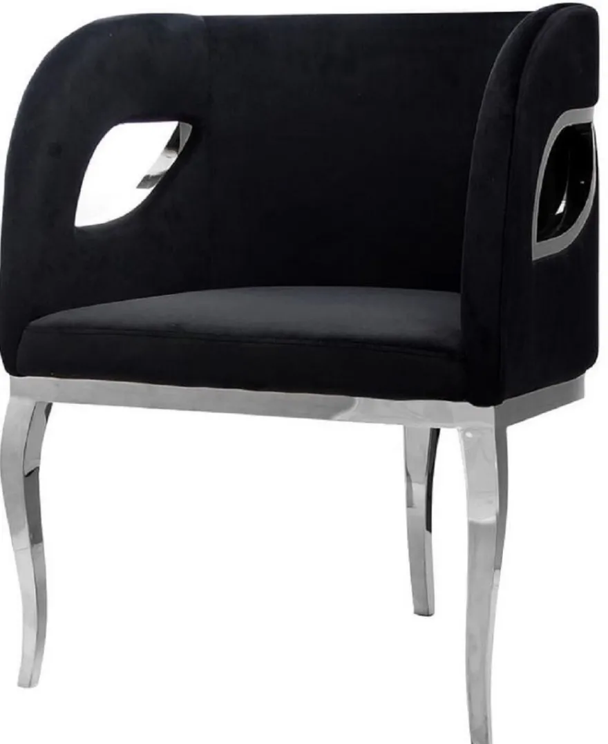 Casa Padrino Luxus Samt Sessel Schwarz / Silber 78 x 55 x H. 59 cm - Wohnzimmer Sessel - Hotel Sessel - Wohnzimmer Möbel - Luxus Möbel - Wohnzimmer Einrichtung - Luxus Einrichtung - Möbel Luxus