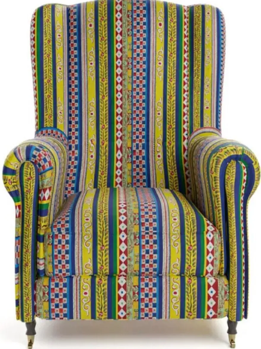 Casa Padrino Luxus Samt Sessel mit Streifen Mehrfarbig / Schwarz / Messing 82 x 93 x H. 101 cm - Wohnzimmer Sessel - Hotel Sessel - Wohnzimmer Möbel - Hotel Möbel - Luxus Möbel - Luxus Einrichtung