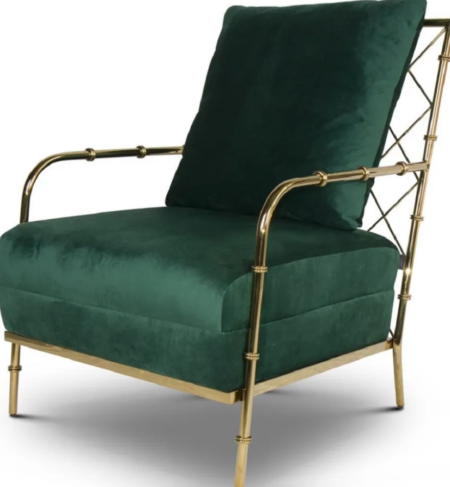 Casa Padrino Luxus Samt Sessel Dunkelgrün / Gold 65 x 72 x H. 83 cm - Moderner Edelstahl Wohnzimmer Sessel in Bambusoptik - Luxus Möbel