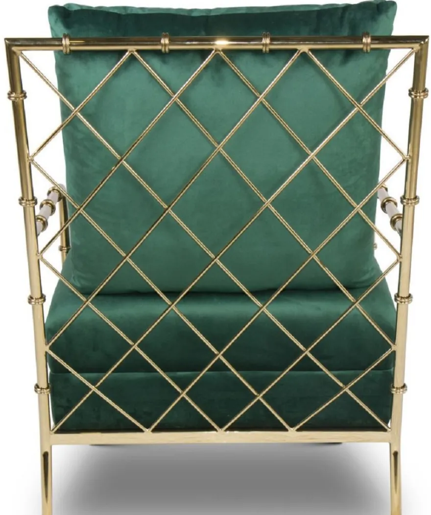 Casa Padrino Luxus Samt Sessel Dunkelgrün / Gold 65 x 72 x H. 83 cm - Moderner Edelstahl Wohnzimmer Sessel in Bambusoptik - Luxus Möbel