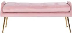 Casa Padrino Luxus Samt Sitzbank Rosa / Gold 121,5 x 45 x H. 51,5 cm - Gepolsterte Massivholz Bank mit edlem Samtstoff und Edelstahl Beinen - Luxus Kollektion