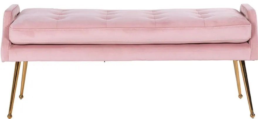 Casa Padrino Luxus Samt Sitzbank Rosa / Gold 121,5 x 45 x H. 51,5 cm - Gepolsterte Massivholz Bank mit edlem Samtstoff und Edelstahl Beinen - Luxus Kollektion