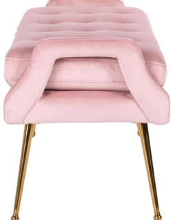 Casa Padrino Luxus Samt Sitzbank Rosa / Gold 121,5 x 45 x H. 51,5 cm - Gepolsterte Massivholz Bank mit edlem Samtstoff und Edelstahl Beinen - Luxus Kollektion