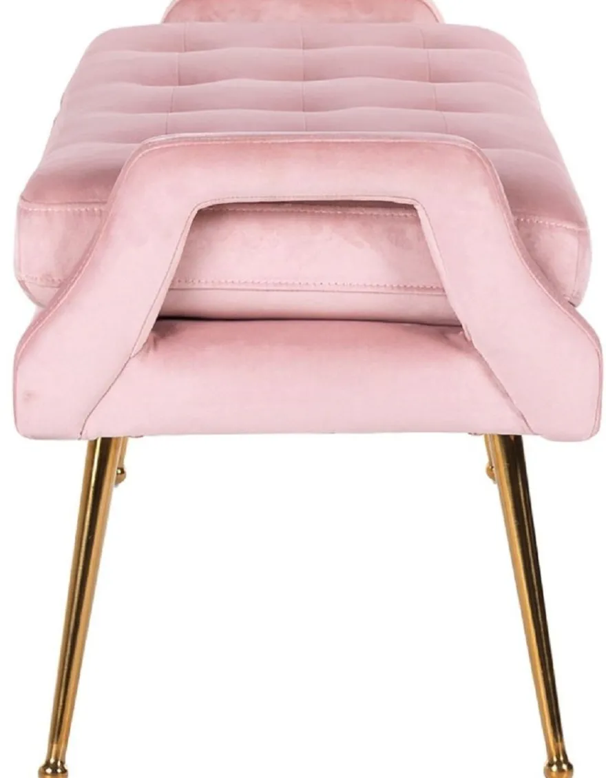 Casa Padrino Luxus Samt Sitzbank Rosa / Gold 121,5 x 45 x H. 51,5 cm - Gepolsterte Massivholz Bank mit edlem Samtstoff und Edelstahl Beinen - Luxus Kollektion