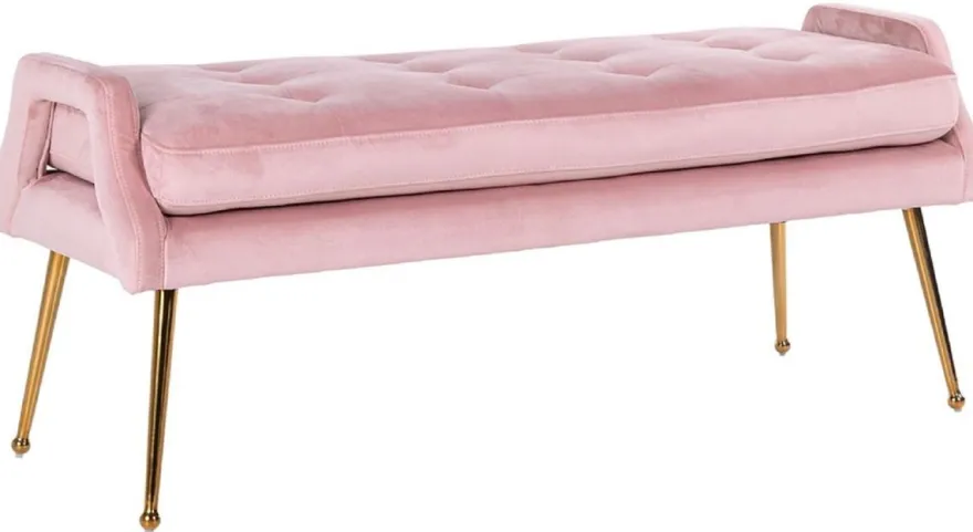 Casa Padrino Luxus Samt Sitzbank Rosa / Gold 121,5 x 45 x H. 51,5 cm - Gepolsterte Massivholz Bank mit edlem Samtstoff und Edelstahl Beinen - Luxus Kollektion