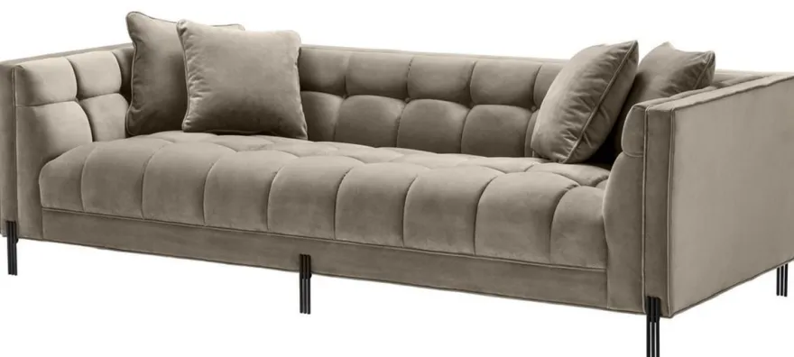 Casa Padrino Luxus Samt Sofa mit 4 Kissen Greige / Schwarz 231 x 95 x H. 68 cm - Wohnzimmer Sofa - Luxus Qualität