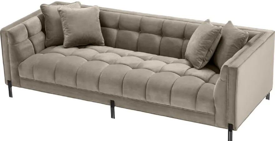 Casa Padrino Luxus Samt Sofa mit 4 Kissen Greige / Schwarz 231 x 95 x H. 68 cm - Wohnzimmer Sofa - Luxus Qualität
