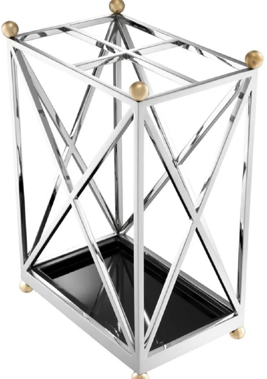 Casa Padrino Luxus Schirmständer Silber / Messingfarben / Schwarz 41,5 x 26,5 x H. 58 cm - Luxus Accessoires