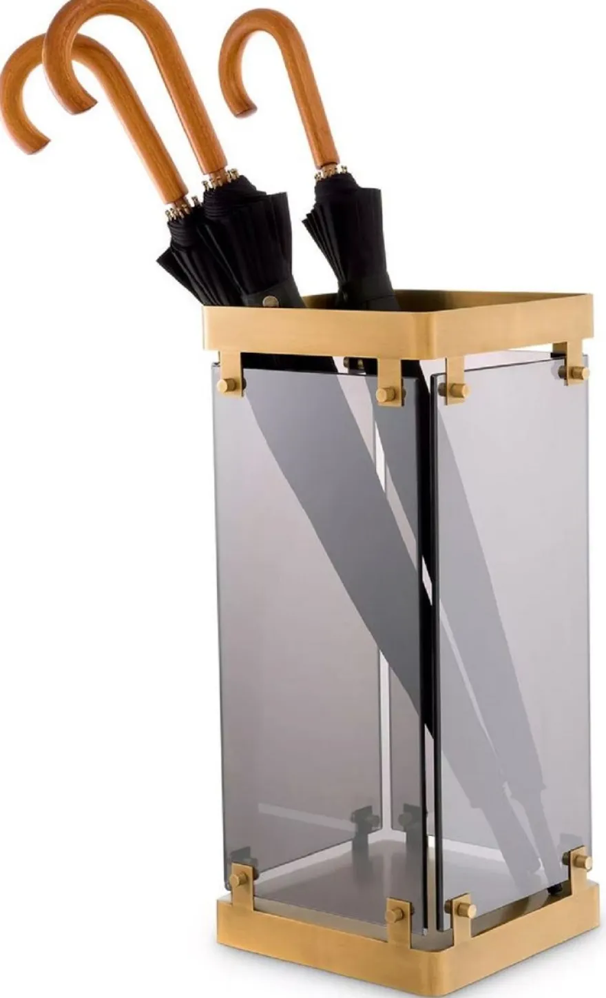 Casa Padrino Luxus Schirmständer Antik Messing / Grau 29,5 x 29,5 x H. 60,5 cm - Metall Regenschirm Ständer mit getöntem Glas - Hotel & Restaurant Accessoires - Luxus Accessoires