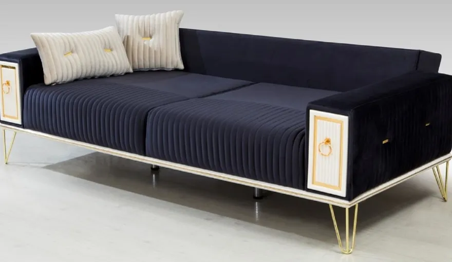 Casa Padrino Luxus Schlafsofa Dunkelblau / Weiß / Gold 220 x 90 x H. 80 cm - Modernes Wohnzimmer Sofa - Wohnzimmer Möbel